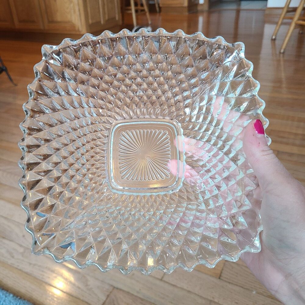 Vintage Depression Glass Diamond Point Square Serving Bowl Scalloped Edge Dish